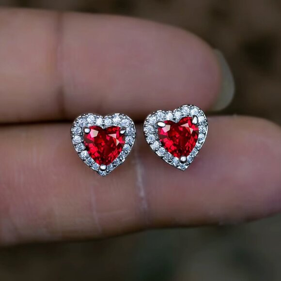 NEW 14k White Gold Ruby Diamond Earrings Heart Stud Earrings - Picture 1 of 6